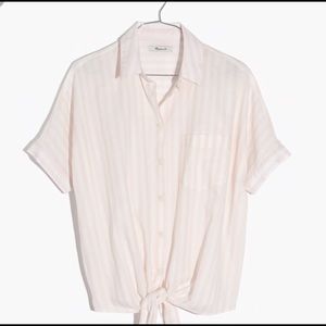Madewell pink striped tie front shirt.